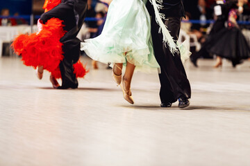 couple ballroom dancers at sports dance competition - obrazy, fototapety, plakaty