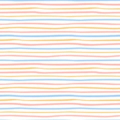 Horizontal stripes simple seamless geometric pattern, pink, blue, yellow background. Hand drawn vector illustration. Childish texture. Design concept kids fashion print, textile, fabric, wallpaper © Maria Skrigan