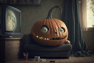 Spooky halloween pumpkin. Halloween pumpkin. Carved halloween pumpkin.(Generative AI)