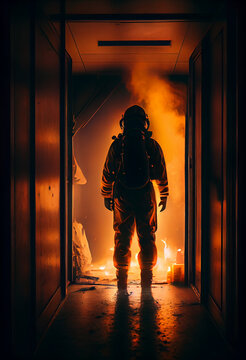 Firefighter Entering Through The Door Of The Burning House.