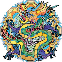 Zentangle dragon on mandala. Hand drawn decorative vector illustration