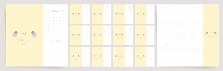 Simple calendar template for 2024 year. Week starts on Sunday. Square modern design with place for photo. Work or study calendar. 2024 calendar in minimal cute style for. English vector calendar.