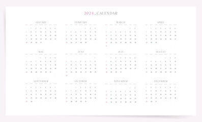 One page calendar template for 2024 year. Week starts on Sunday. Horizontal modern design. Work or study calendar planner. 2024 year one page calendar. English vector calendar.