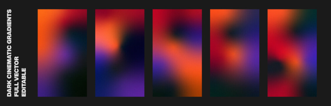 Abstract colors, Cinematic Gradients, gradient background, red orange purple blurred wave on dark, grain texture effect, editable