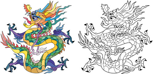 Zentangle dragon. Hand drawn decorative vector illustration for coloring. Clolr and outline set