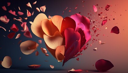 Heart shaped romantic petals from roses in pink,red,beige and peach color flying against a dark and surreal background. Rose petals in heart formation  , floating petals, flying petals