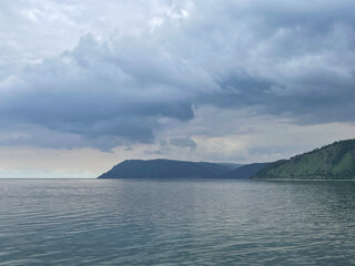 Heavy gray clouds over Baikal Lake