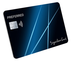 A modern, generic, mock credit card, or debit card, is labeled as a card for preferred clients and as a signature card. This is on a transparent background.