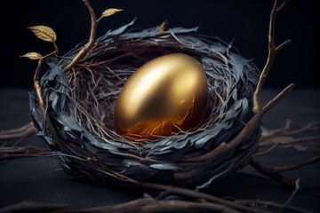 Beautiful Shiny Golden Egg In Bird Nest On Dark Shale Background. The Golden Egg In The Nest. Generative AI