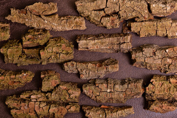Tree bark natural background wallpaper backdrop. Brown natural pieces of wood bark on leather.