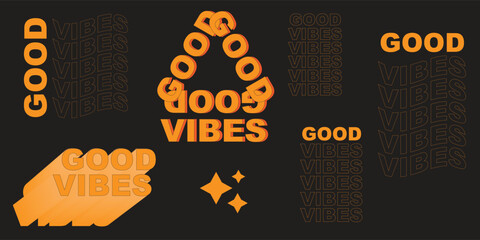Naklejka premium Fun hippie 70's style set. Funny cartoon lettering.Set of stickers in a trendy retro psychedelic cartoon style. Isolated vector illustration. Good vibe.