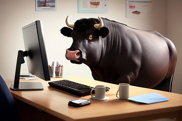 A Fat Cow Is Sitting At The Office Table In Front Of A Computer. Sedentary Lifestyle Concept. Generative AI
