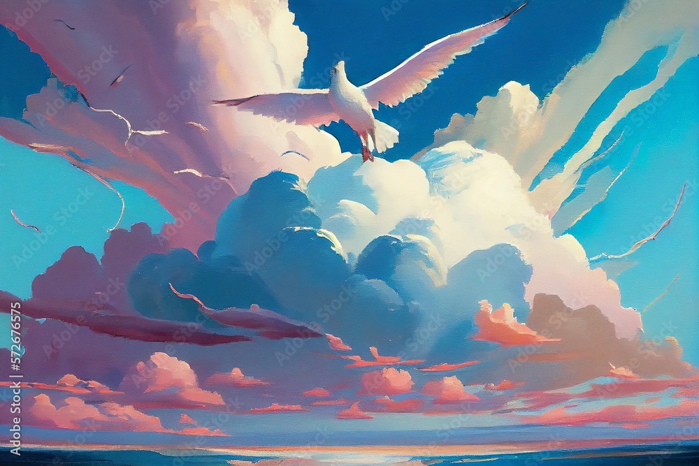 Canvas Prints a painting of a sky with clouds and a white bird flying in the sky with a blue sky in the background