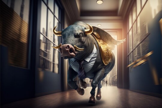 A bull in a suit with golden wings running through an office corridor | Generative AI