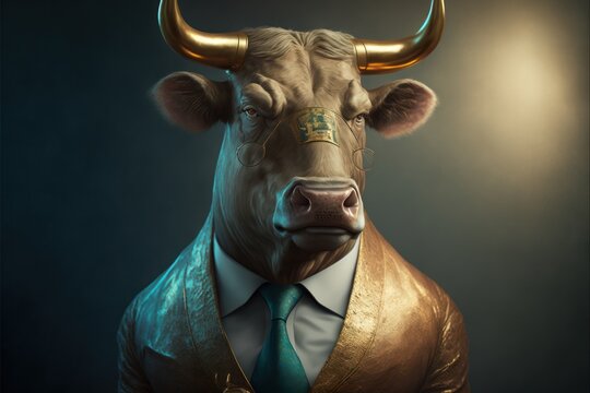 A cow in a golden suit being a luxurious cash cow , portrait | Generative AI