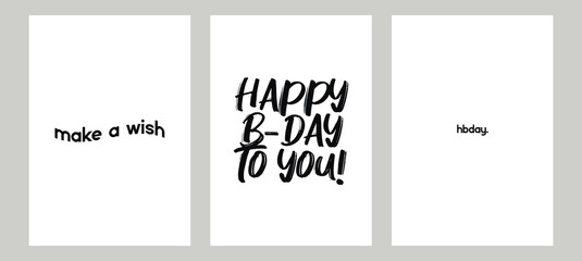 Set of minimalistic Happy Birthday posters. Vector illustrations. Postcards, cards, covers