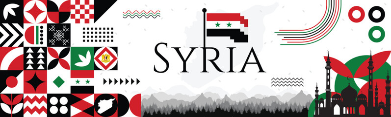 Syria independence day celebration banner design with flag and map. Flag color theme geometric pattern retro modern Illustration design. Red, green, black and white color template.