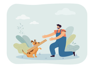 Cute puppy helping carpenter flat vector illustration. Happy man sitting and reaching out to dog with wooden plank in teeth on blue background. Owner playing with pet. Animal, collaborating concept