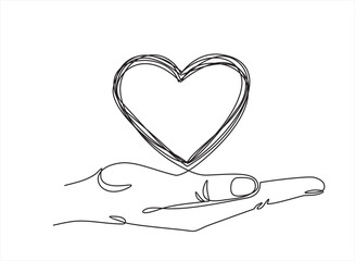 One continuous line drawing of hand holding heart.vector illustration