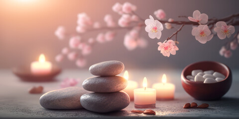 Concept Feng Shui. Zen spa relaxation. Ambiance salon de beauté et de massage. Bannière avec fleurs de cerisier sakura, bougies et pierres empilées. Atmosphère calme et reposante. Generative AI - 572677574