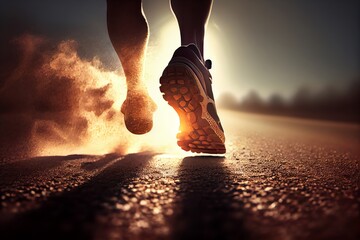 Running Feet With Sunlight, Training To Be Winner, Self Challenge Theme Concept. Generative AI