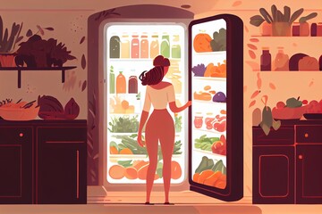 View From The Back Of Beautiful Young Woman Opens Fridge Door, Looks Inside Takes Out Vegetables. Woman Preparing Healthy Meal Using Groceries Full Of Healthy Illustration. Generative AI