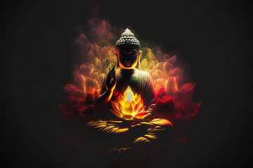Serenity Personified Buddha in Meditation on a glowing lotus. Generative AI
