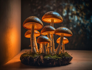 small mushrooms macro / nature forest, strong growth of poisonous mushrooms mold, porcini fungi, glow, grow on the bark of a tree, on a wooden podium, home cultivation of Fungus, milk cap, AI