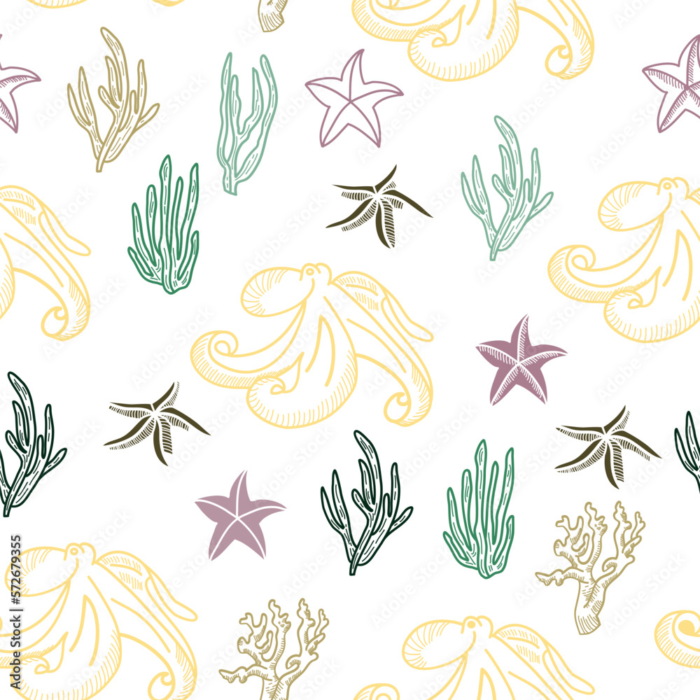 Wall mural seamless coral pattern line art. vector octopus. vector of the sea pattern. children's color print i