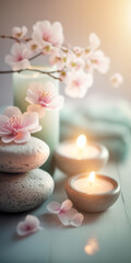 Concept Feng Shui. Zen spa relaxation. Ambiance salon de beauté et de massage. Bannière avec fleurs de cerisier sakura, bougies et pierres empilées. Atmosphère calme et reposante. Generative AI - 572679505