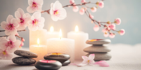 Fototapeta na wymiar Concept Feng Shui. Zen spa relaxation. Ambiance salon de beauté et de massage. Bannière avec fleurs de cerisier sakura, bougies et pierres empilées. Atmosphère calme et reposante. Generative AI