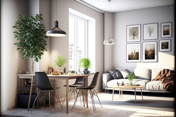 Fototapeta na wymiar Modern comfortable living room interior design. Peculiar AI generative image.