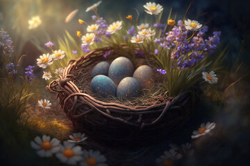 Fototapeta na wymiar A nest with Easter colored eggs stands in the grass with flowers, the magic light falls on them. Generative AI