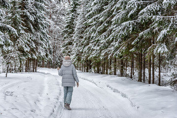 The winter snow dirt road in the forest.