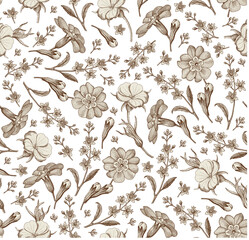 Seamless pattern. Realistic blooming isolated flowers Vintage fabric background. Beautiful Agrostemma Primrose Croton wildflowers. Wallpaper baroque. Drawing engraving. Vector victorian Illustration   © Наталья Лобенко