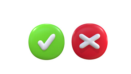 Obraz premium Set of icons realistic 3d render green tick and Red Cross. 3d realistic check mark button. Right and wrong 3d button.