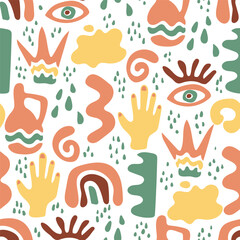 Fototapeta premium Seamless Boho pattern on a white background. Abstract spots, border shapes, dots in pastel colors. Pattern includes rainbow, eye, hand, crown, jug, clouds. Hand drawn vector illustration.