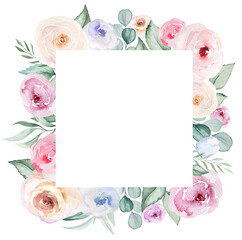 Square frame made of romantic pink watercolor flowers and light green leaves, pastel wedding element