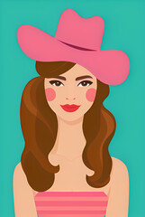 happy cowgirl in a pink hat and dress isolated on pastel background, generative ai