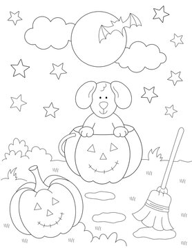 halloween coloring page. cute dog, pumpkins, stars and more shapes to color. you can print it on 8.5x11 inch paper