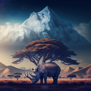 Rhino standing on a plain with a ice-capped mountain in the background
