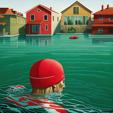 A man with a red cap is swimming in a marina with a house in the background