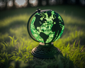 Green world map drawn on a lamp that is standing on top of a lawn, renewable energy, environmental protection, renewable, sustainable energy source concept