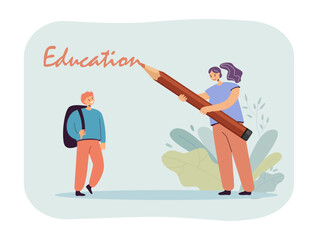 Female teacher writing education for boy vector illustration. Cartoon woman with big pencil teaching male student with backpack. Pupil learning to read. Education, lettering, knowledge concept