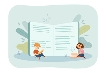 Cartoon drawing of tiny boy and girl with huge open book. Cute smiling children studying or reading books flat vector illustration. Education, literature, knowledge, childhood, leisure concept