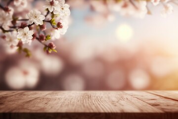 Naklejka na ściany i meble Wooden top table with spring cherry blossom and blur background created with generative AI