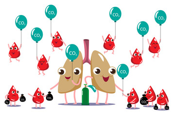 character cartoon set collection  lungs purify dirty and weak blood drop. help blood drop fresh, clean, happy , smile, strong healthy. vector modern trendy flat style cartoon.