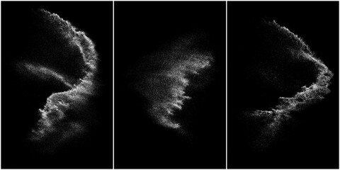 Set of distressed white grainy texture. Dust overlay textured. Grain noise particles. Snow effects pack. Rusted black background. Vector illustration, EPS 10.   