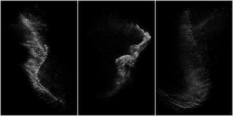 Set of distressed white grainy texture. Dust overlay textured. Grain noise particles. Snow effects pack. Rusted black background. Vector illustration, EPS 10.   