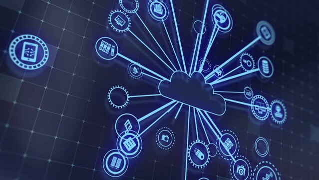 Concept of cloud technologies and server data processing. Abstract service icons send information to bigdata and data centers. Icons and badges in virtual space fill hi-tech background
